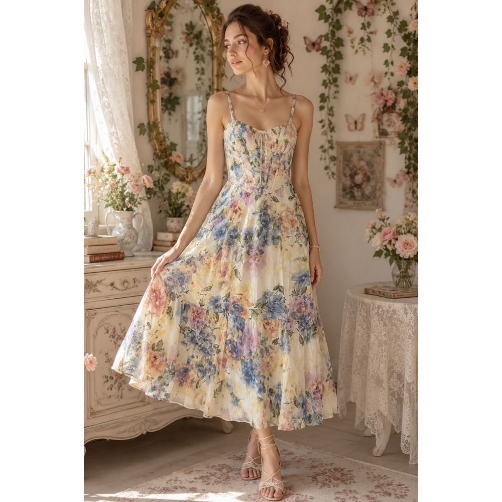 Floral Cottagecore Corset Midi Dress Smocked Back Sundress‎ S Fairy Milkmaid